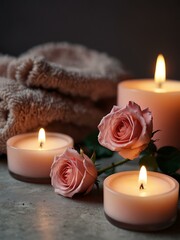Burning candles and rose flowers, spa atmosphere in soft pink tones.
