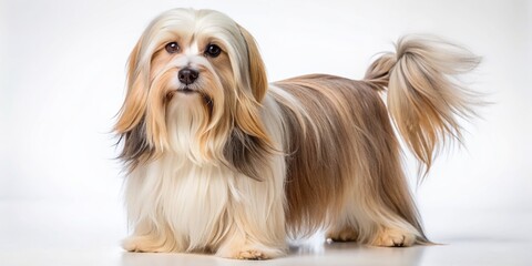 Adorable long-haired L&ouml;wchen dog with silky coat and cute expression standing solo on a clean, creamy white background, highlighting its gentle nature.