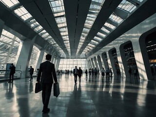 Business couple walking through a modern futuristic station.