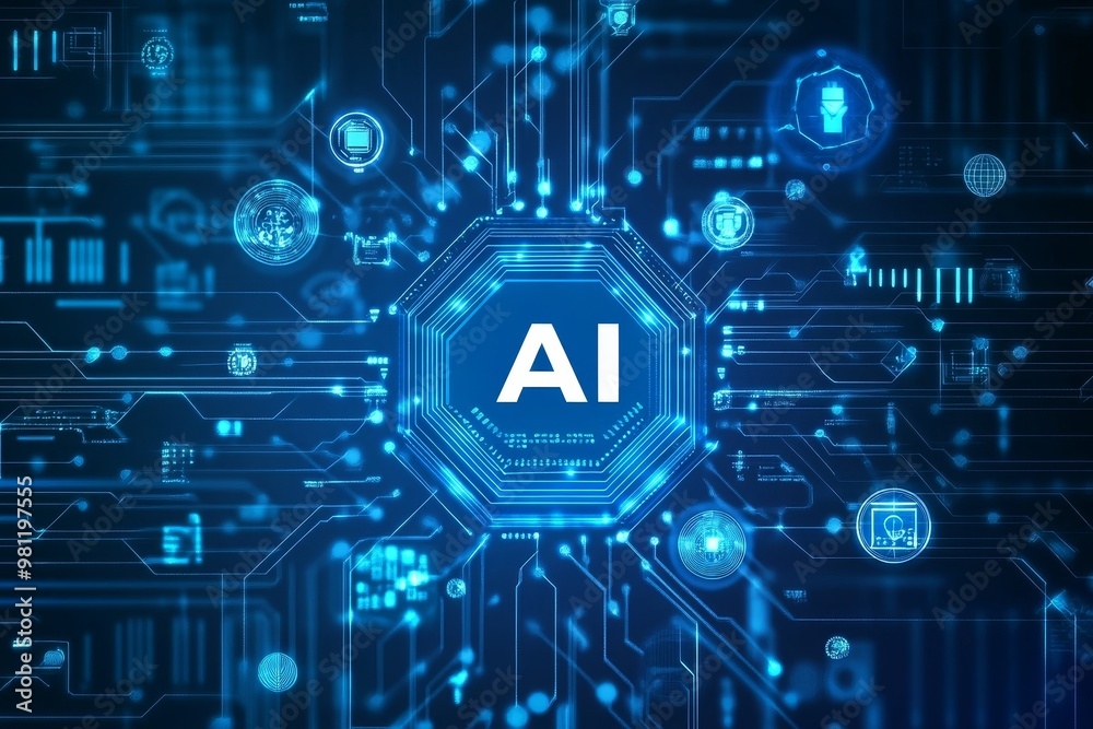 Fototapete AI technology background and icons of artificial intelligence. Generative AI.