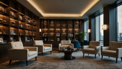 Business lounge with a grand bookshelf wall, plush armchairs, and ambient lamps.