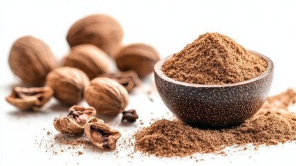 Close-up of whole and ground nutmeg on a white background. Perfect for culinary and seasoning illustrations. High-quality image for stock use.