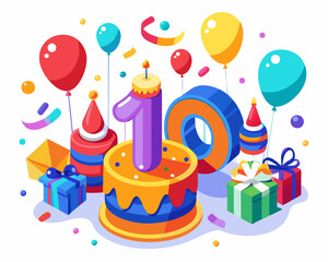 10th Birthday Vector With Cake, Balloons And Confetti