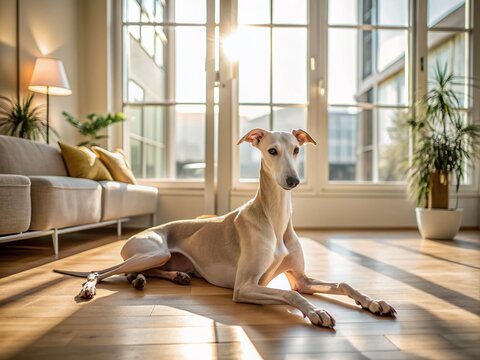 Sleek beige galgo or whippet lounges on minimalist Scandinavian-designed apartment floor, surrounded by sparse decor and abundant natural light pouring in from large windows.
