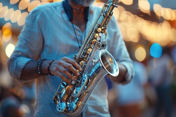 Obraz premium Musician playing saxophone on blurred background. Man with friends blow saxophone with the band for performance. Music instrument played by saxophonist player musician in festival. Selective focus