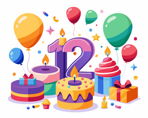12th Birthday Vector With Cake, Balloons And Confetti