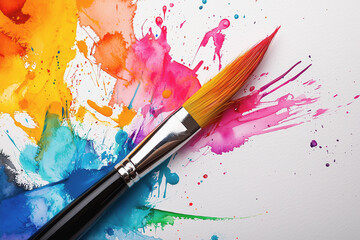 Fototapeta premium Paintbrush spreading vibrant splashes of color across white canvas 