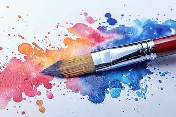 Fototapeta premium Paintbrush spreading vibrant splashes of color across white canvas 