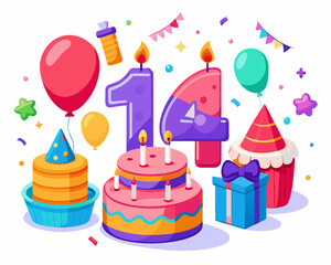 14th Birthday Vector With Cake, Balloons And Confetti
