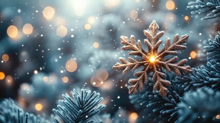 Fototapeta premium Colorful shiny winter background with snowflakes and bokeh light 