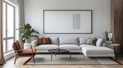 A modern living room featuring spacious sectional sofa, stylish coffee table, and large window allowing natural light. decor includes plant and minimalist artwork, creating serene atmosphere