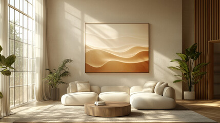 A modern living room with a large, abstract painting above a white sofa.