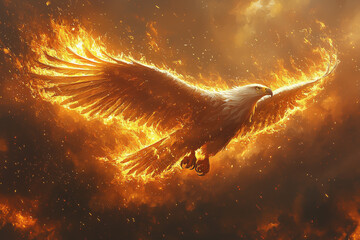Majestic eagle with fiery wings soaring against a dramatic sky
