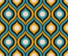 Retro midcentury ogee ovals teal yellow seamless pattern. Retro 70s style ovals geometrics fabric and wallpaper pattern.