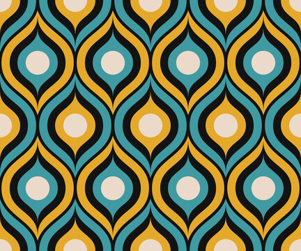 Retro midcentury ogee ovals teal yellow seamless pattern. Retro 70s style ovals geometrics fabric and wallpaper pattern.