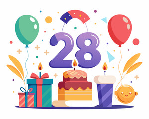 28th Birthday Vector With Cake, Balloons And Confetti
