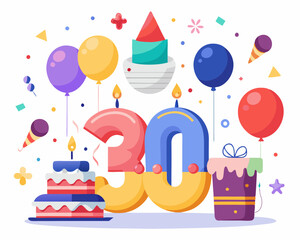 30th Birthday Vector With Cake, Balloons And Confetti