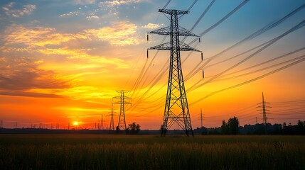 Silhouettes of power lines against a vibrant sunset, showcasing the beauty of nature and technology in harmony.