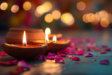 Celebrating Diwali festival, candles in temple with colorful background