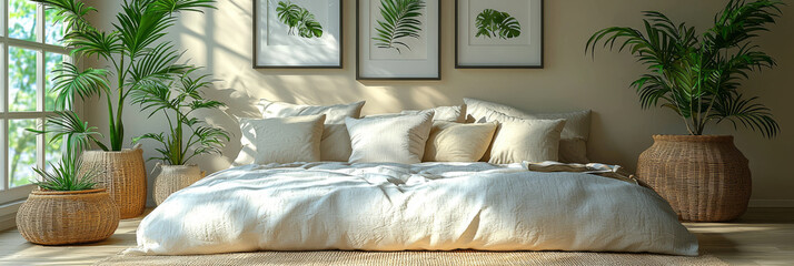 A bed with white linens and pillows in a cozy room with potted plants.