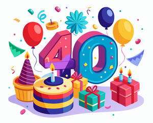 40th Birthday Vector With Cake, Balloons And Confetti