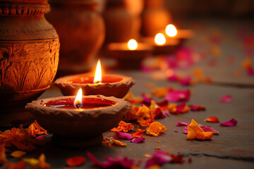 Celebrating Diwali festival, candles in temple with colorful background
