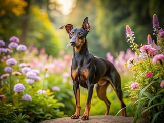 Adorable Manchester Terrier dog stands proudly in countryside surroundings with blurred greenery and flowers, offering ample copy space on either side of the canine.