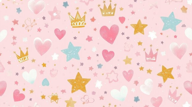 Fototapeta Vector illustration of a pink princess pattern Ideal for baby birthday cards shower invitations children s wallpaper and fabric Charming design featuring stars crowns diamonds and hearts