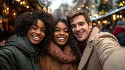 Fototapeta premium A group of three friends, dressed in warm winter clothing, smiling at the camera in a festive outdoor market setting with lights. Two are Black women, and one is a White man.