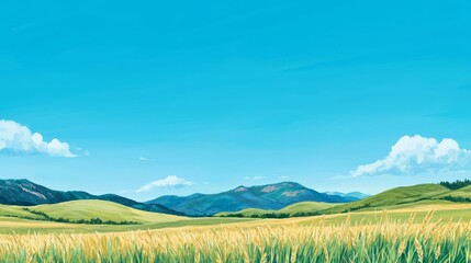 Naklejka premium Open countryside with a vibrant blue sky, minimalistic landscape, soft natural tones, expansive and balanced scene, clear and bright sunlight, peaceful and calming setting