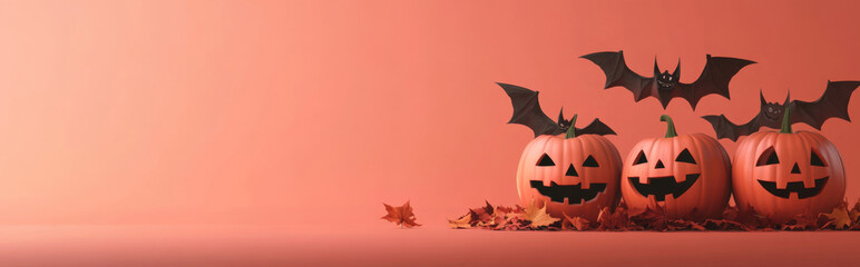 Naklejka premium Pumpkin with carved face, bats and autumn leaves on orange background