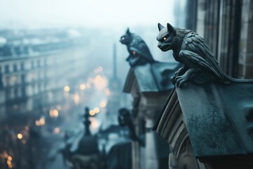 Fototapeta premium Mysterious gargoyles with glowing eyes perched on a gothic building overlooking a foggy cityscape. The scene has an eerie and ominous atmosphere, evoking a sense of ancient legends.