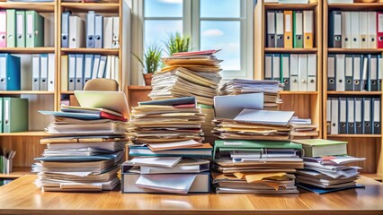 A cluttered desk with piles of paper files and folders, chaos, organization, paperwork, stack, business, office