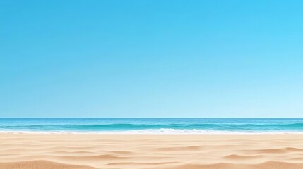Fototapeta premium Minimalistic beach scene with a clear sky, horizon line meeting the ocean, soft blue gradient, gentle waves, bright natural light, peaceful and balanced setting, clean aesthetic