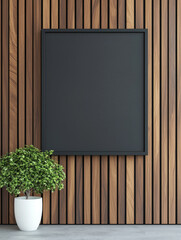 Black frame on a wood slat wall with a small plant