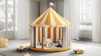 A cozy bedroom designed for children features a uniquely shaped canopy bed surrounded by plush toys, illuminated against a starry night sky with a snowy landscape