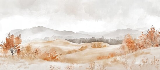 Autumn hills painting in monochrome featuring soft pale colors A hand drawn watercolor sketch suitable for nature themed wall art illustrations and nursery decor