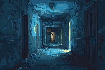 Abandoned jail in an old asylum, decaying walls, broken cells, eerie atmosphere..