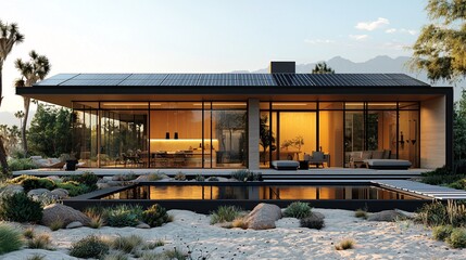 Obraz premium Design a minimalist desert home with wide windows and solar panels that power the entire house, creating a sustainable oasis