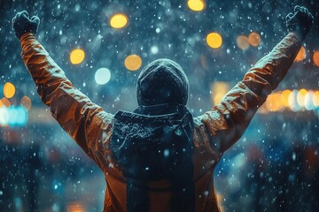 triumphant athlete in midcelebration arms raised victoriously surrounded by a burst of stadium lights and swirling mist capturing the intensity of the moment