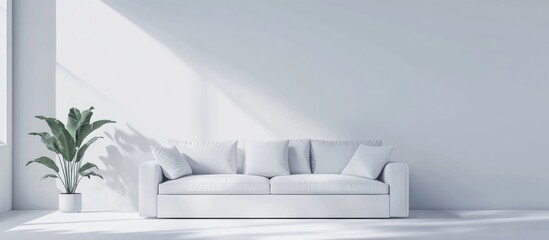 Contemporary interior featuring a sofa and plants in a bright minimalist white space 3D rendering