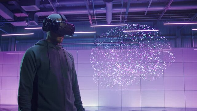Scientist Manipulating Brain Model in Virtual Reality Lab VR Neuroscience Simulation