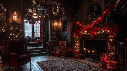 Obraz premium Cozy festive living room with Christmas decorations, warm lights, and presents under the tree, creating a magical holiday atmosphere.