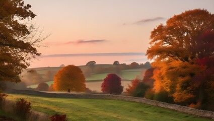 A calm English October sunset, with soft pink to pale orange hues in the sky and a few straggling clouds grazing the horizon, all against a backdrop of bucolic scenery softly illuminated by warm golde