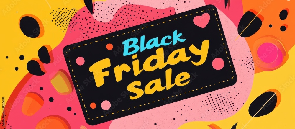 Poster a flat illustration style with colorful abstract shapes and a large text 