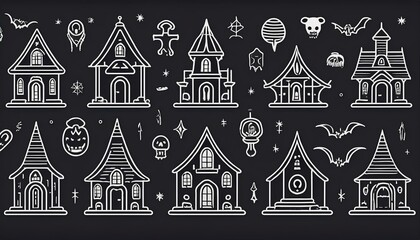 Fototapeta premium Spooky Outline Icons collection of Halloween icons drawn in a thin, spooky outline style, including a haunted house, skull, spider web, coffin, crossbones, and full moon. icon set halloween