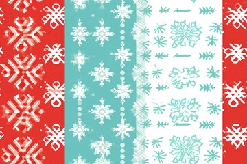 Christmas tree pattern, seamless background for wrapping paper, hand drawn spruces and snowflakes on red.