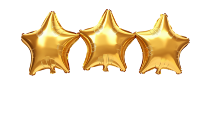 Kilka złotych balonów w kształcie gwiazd na na przezroczystym tle. Idealne do dekoracji na przyjęcia i uroczystości.