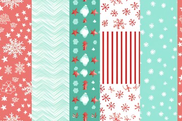 Christmas tree pattern, seamless background for wrapping paper, hand drawn spruces and snowflakes on red.