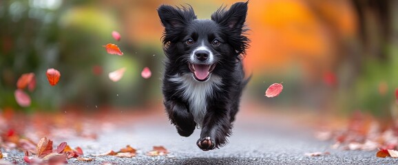 Happy Black and White Dog Running Through Autumn Leaves